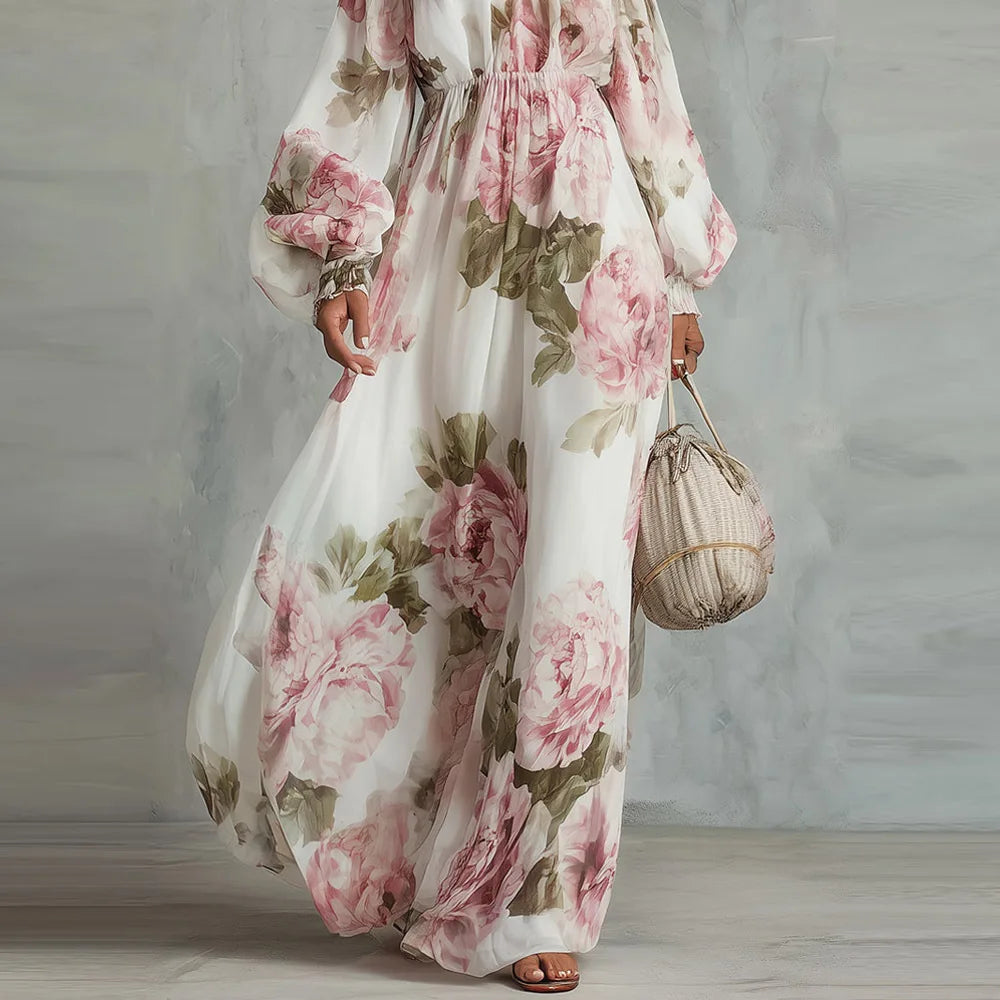 PEONÍA | VESTIDO MAXI FLORAL DE HOMBROS DESCUBIERTOS Y MANGA LARGA