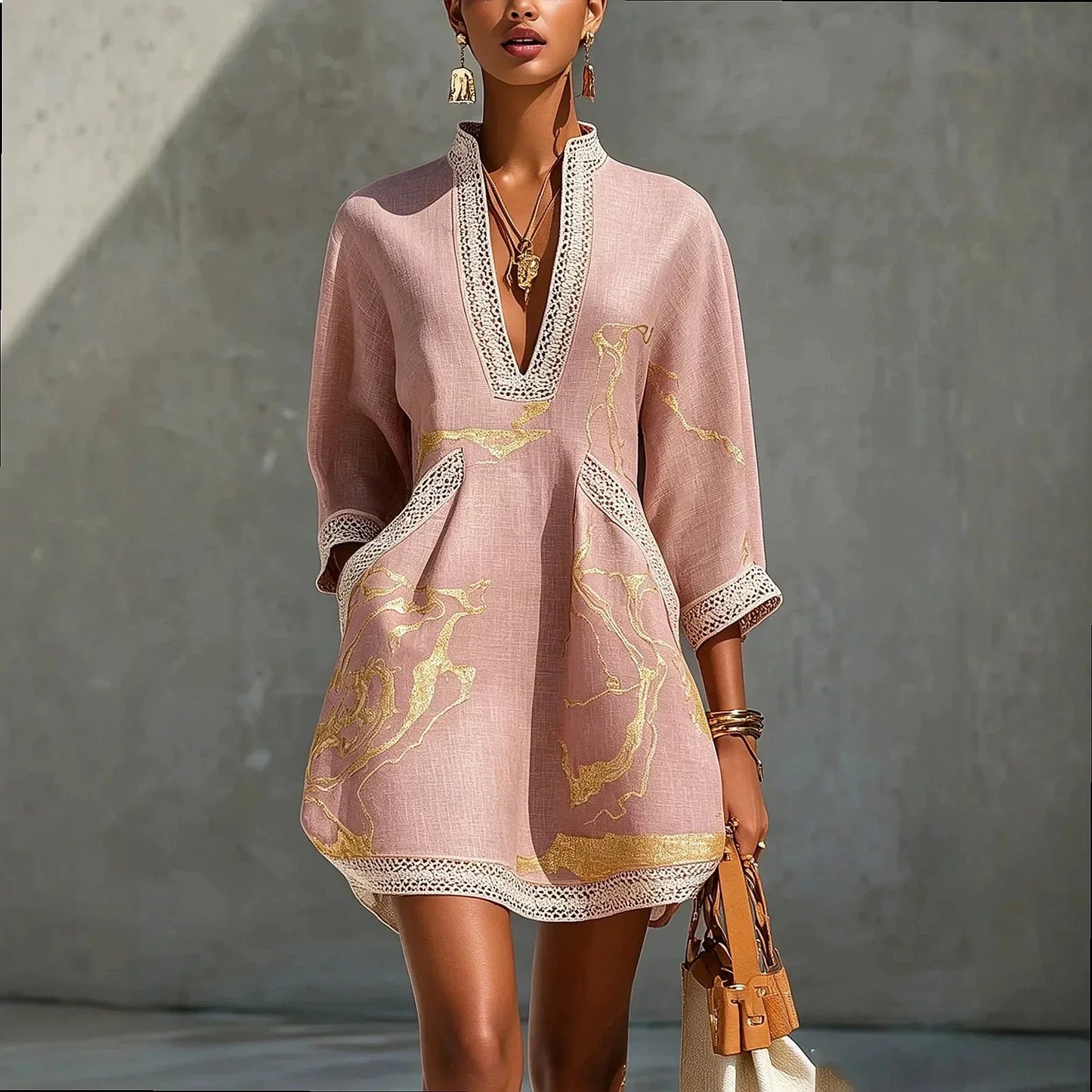 LEONOR | VESTIDO MINI DE ENCAJE CROCHET MARFIL CON DETALLES DORADOS Y ESCOTE EN V