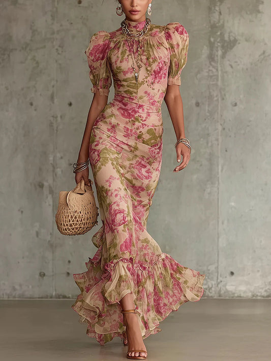 FIORA ∙ VESTIDO MAXI ÉTNICO RETRO DE UN HOMBRO CON ABERTURA LATERAL