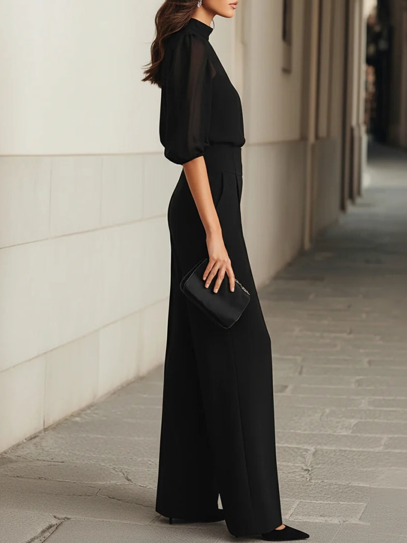 VALENTINA ∙ CONJUNTO TRES PIEZAS NEGRO CON CAMISOLA TRANSPARENTE Y PANTALÓN ANCHO