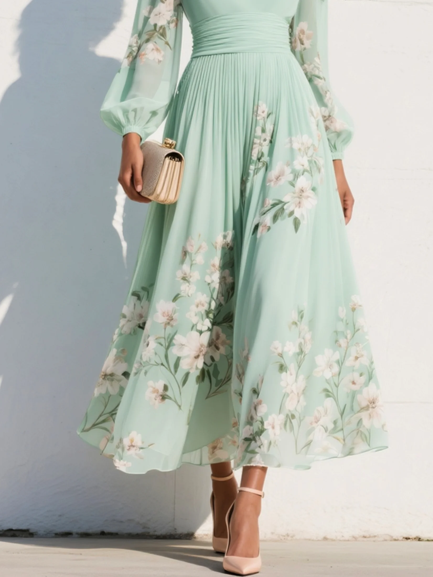 FLORA ∙ VESTIDO MAXI PLISADO DE GASA AZUL CELESTE CON ESTAMPADO FLORAL