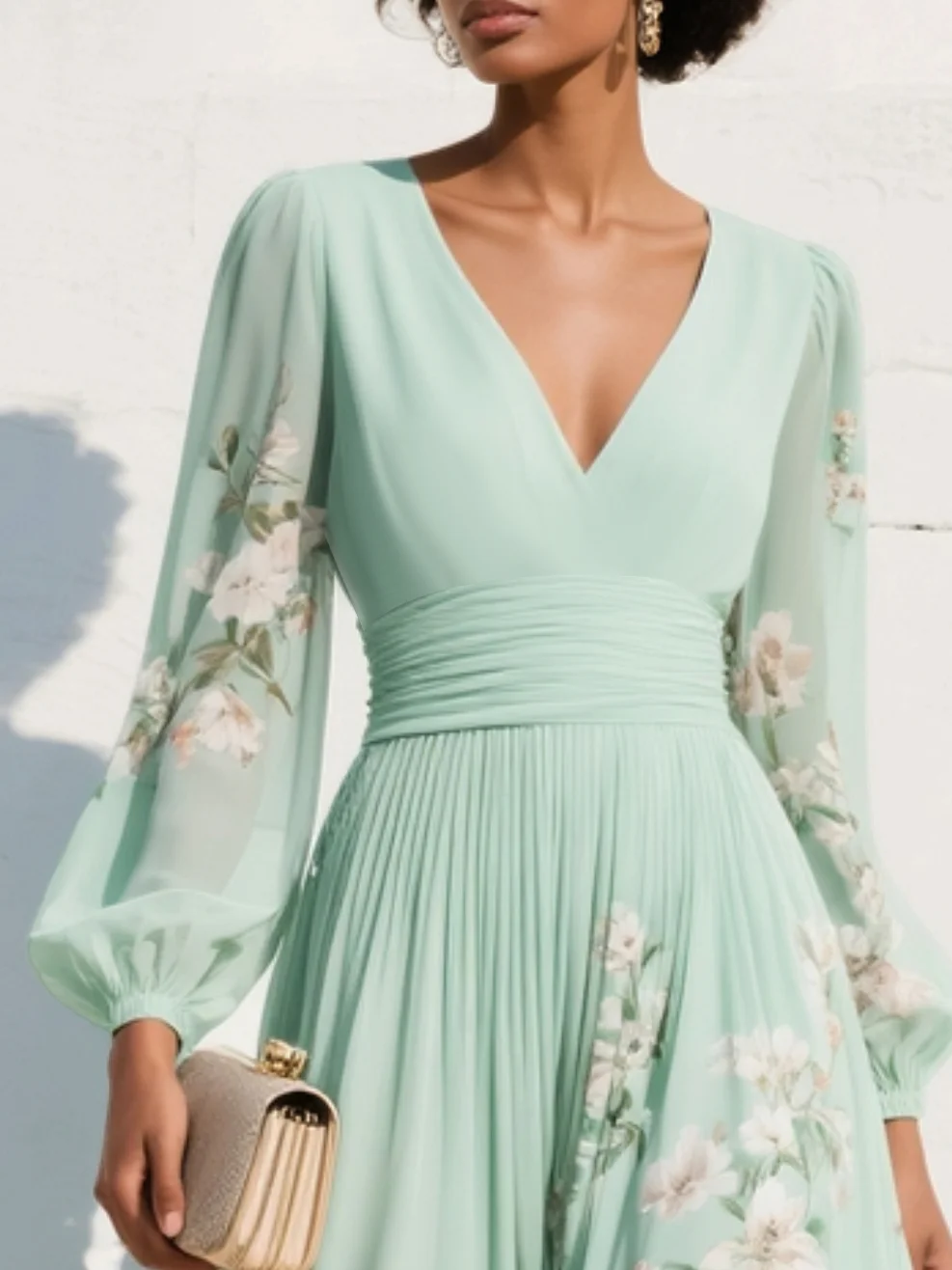 FLORA ∙ VESTIDO MAXI PLISADO DE GASA AZUL CELESTE CON ESTAMPADO FLORAL