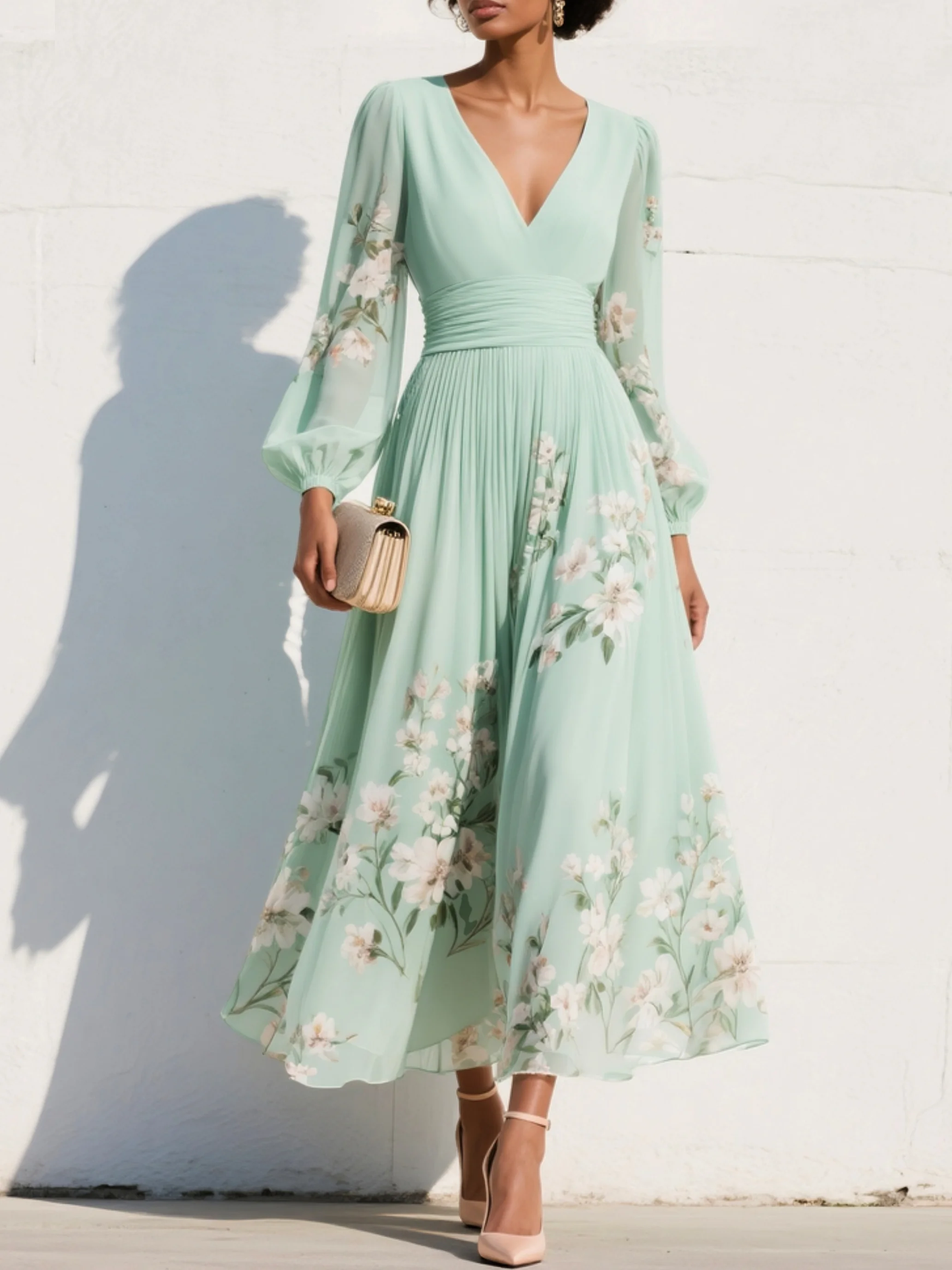 FLORA ∙ VESTIDO MAXI PLISADO DE GASA AZUL CELESTE CON ESTAMPADO FLORAL