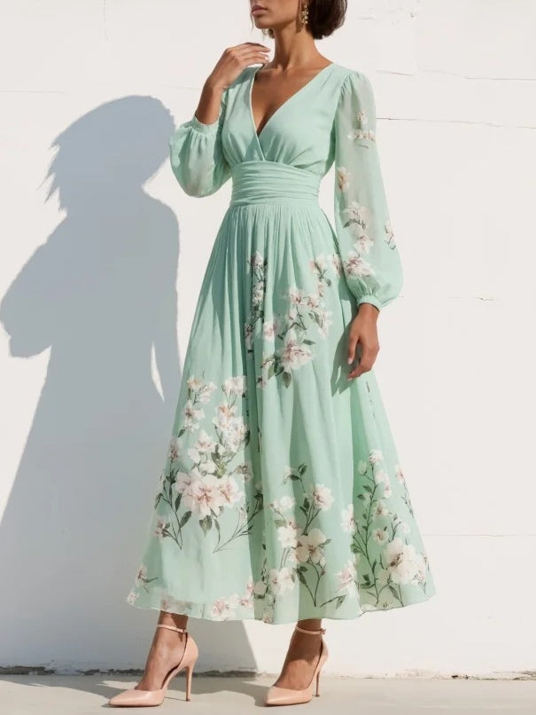 FLORA ∙ VESTIDO MAXI PLISADO DE GASA AZUL CELESTE CON ESTAMPADO FLORAL
