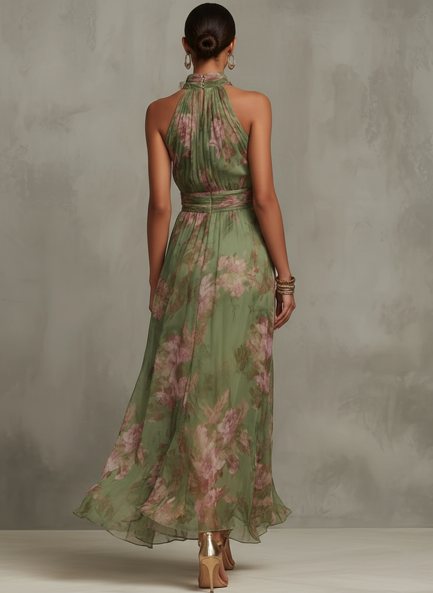 SERENA ∙ VESTIDO LARGO VERDE FLORAL DE GASA