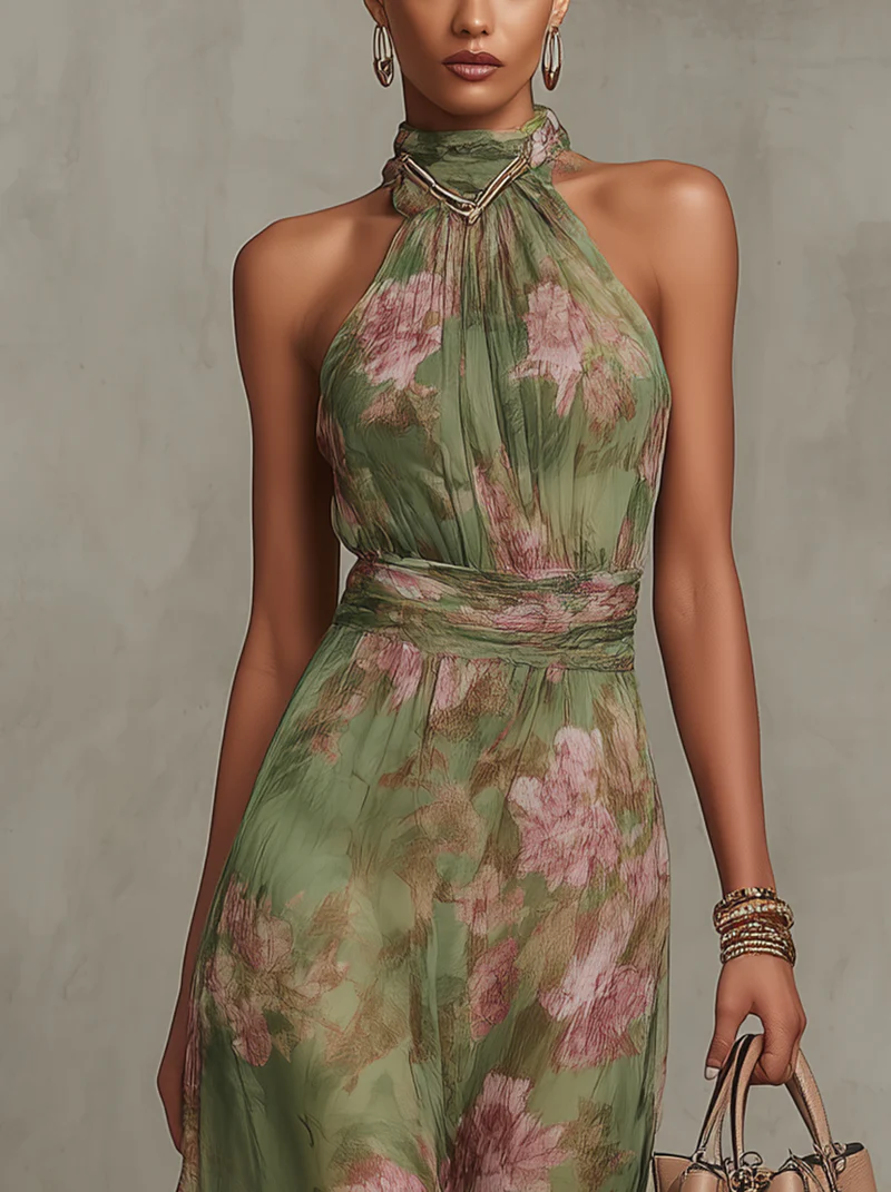 SERENA ∙ VESTIDO LARGO VERDE FLORAL DE GASA