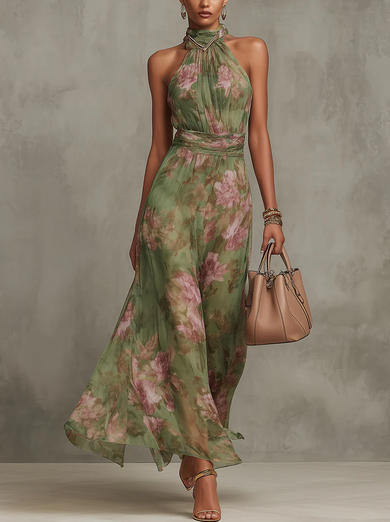 SERENA ∙ VESTIDO LARGO VERDE FLORAL DE GASA