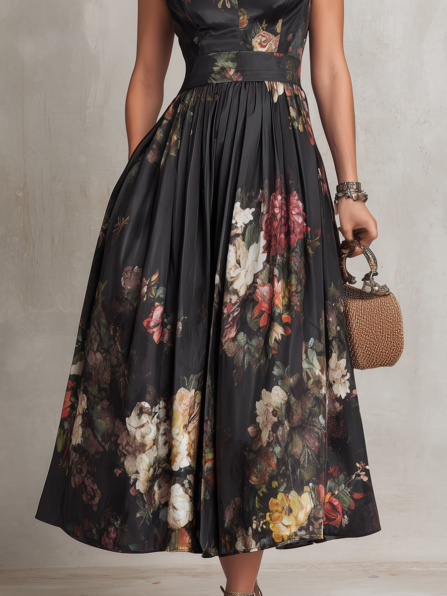 VIOLETA ∙ VESTIDO MIDI DE SATÉN PLISADO NEGRO CON MOTIVO FLORAL Y ESCOTE EN LÁGRIMA