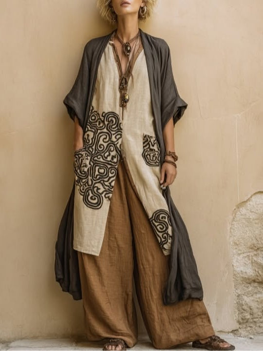 JULIA ∙ CONJUNTO TRES PIEZAS BOHO CON ESTAMPADO TRIBAL EN GRIS Y MARRÓN