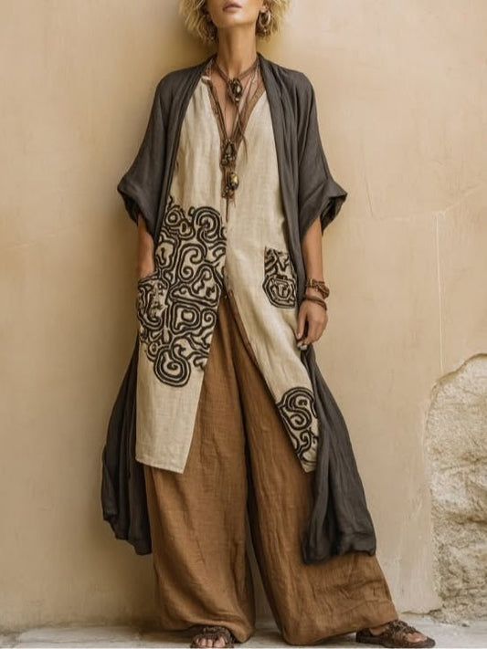 JULIA ∙ CONJUNTO TRES PIEZAS BOHO CON ESTAMPADO TRIBAL EN GRIS Y MARRÓN