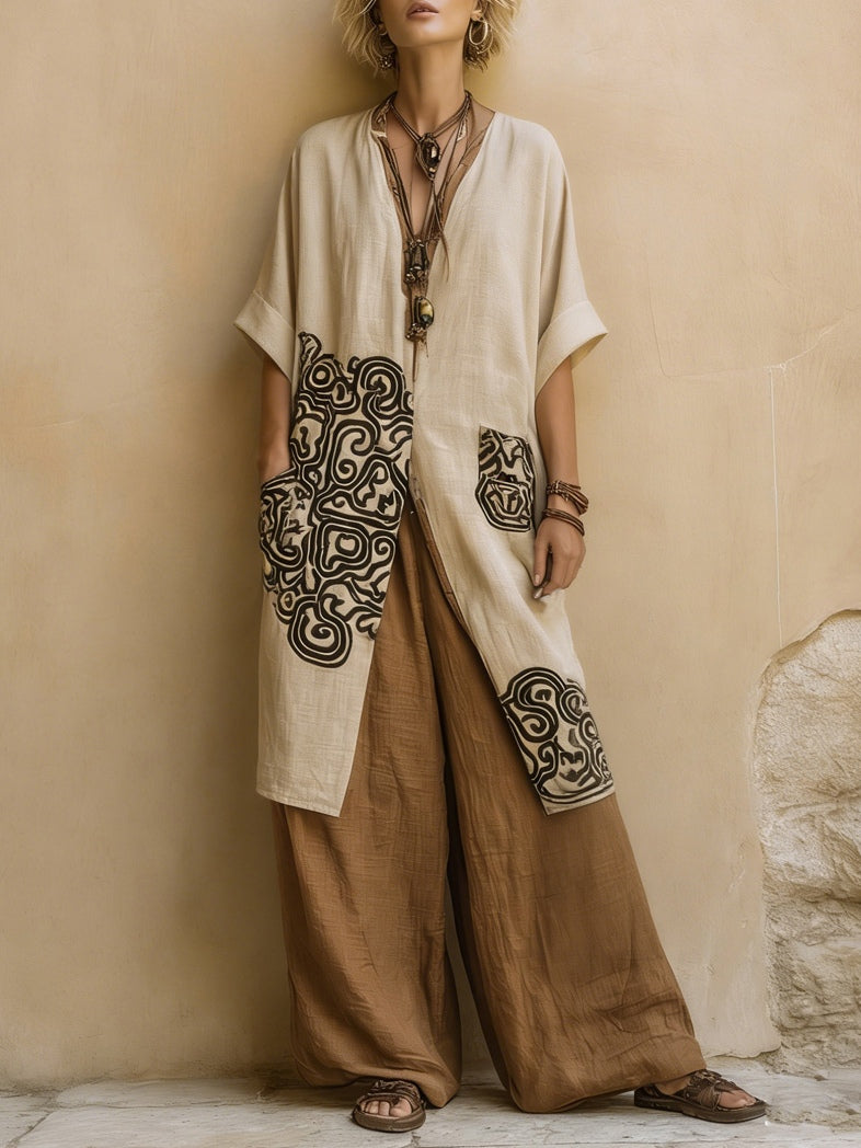 JULIA ∙ CONJUNTO TRES PIEZAS BOHO CON ESTAMPADO TRIBAL EN GRIS Y MARRÓN