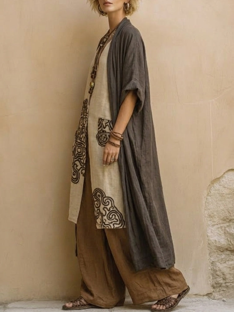 JULIA ∙ CONJUNTO TRES PIEZAS BOHO CON ESTAMPADO TRIBAL EN GRIS Y MARRÓN
