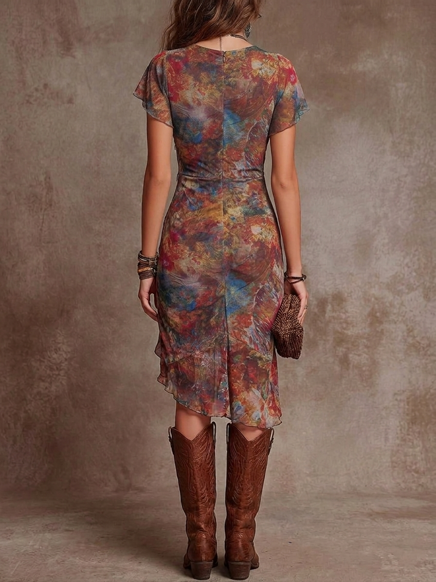 MARTINA ∙ VESTIDO MIDI PLISADO CON ESCOTE EN V Y ESTAMPADO ABSTRACTO BOHO