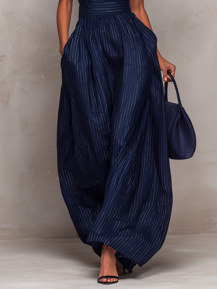 ANNA ∙ MONO A RAYAS AZUL OSCURO CON ESCOTE EN LÁGRIMA Y PANTALÓN ANCHO