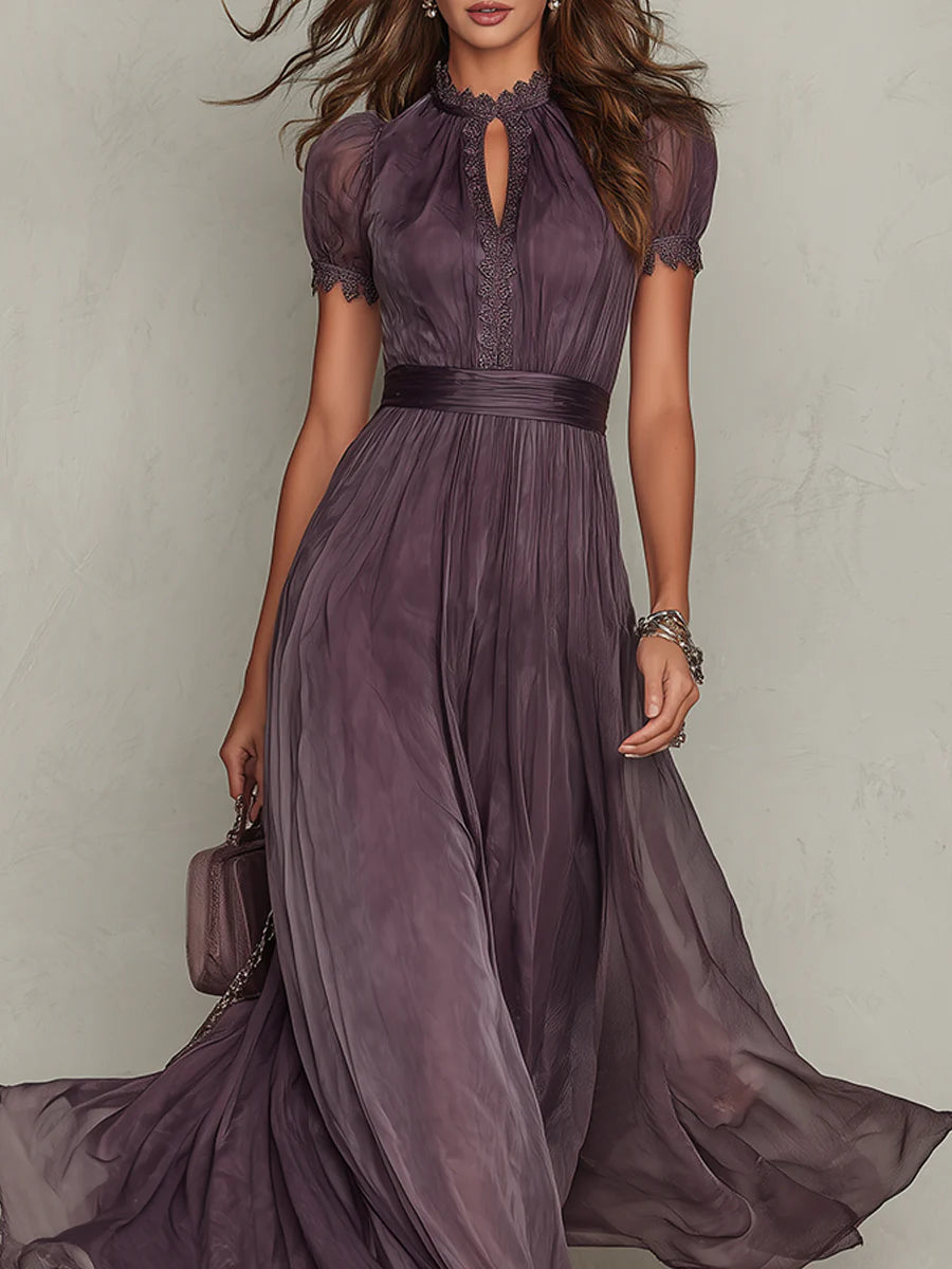 FLAVIA ∙ VESTIDO MAXI VIOLETA CON ESCOTE EN LÁGRIMA Y BORDE DE ENCAJE