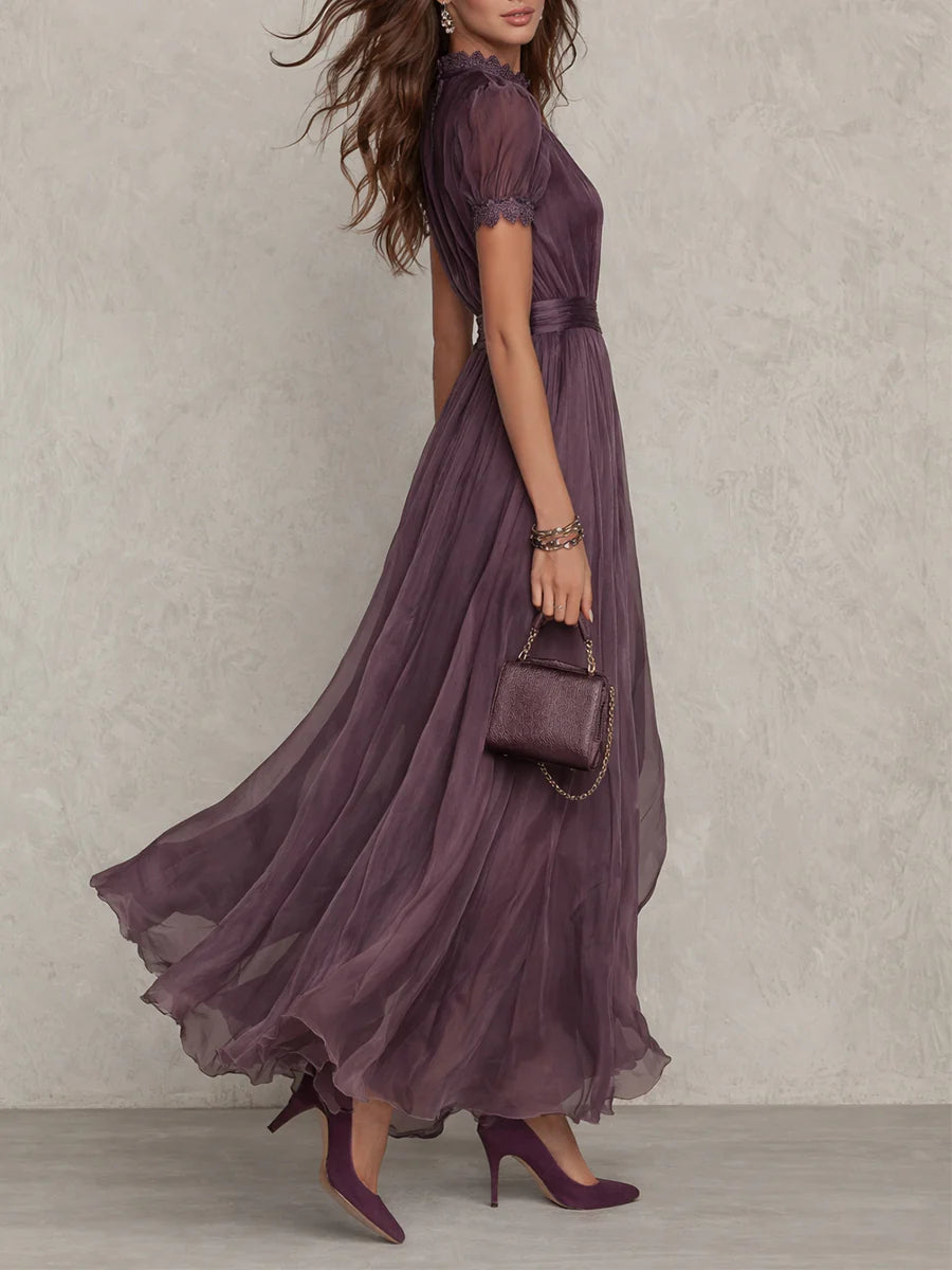 FLAVIA ∙ VESTIDO MAXI VIOLETA CON ESCOTE EN LÁGRIMA Y BORDE DE ENCAJE