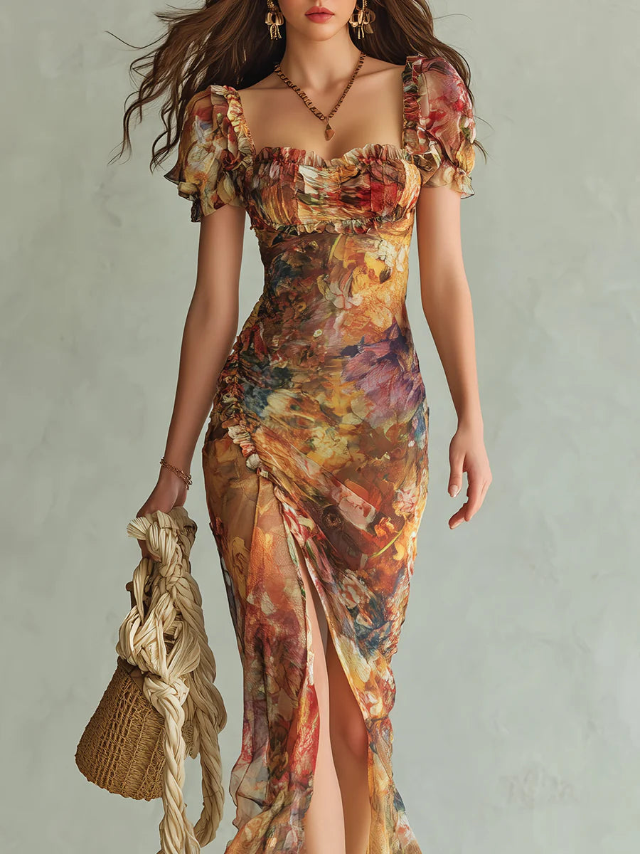 VIOLA ∙ VESTIDO MAXI DE GASA CON ESTAMPADO EFECTO ÓLEO BOHO