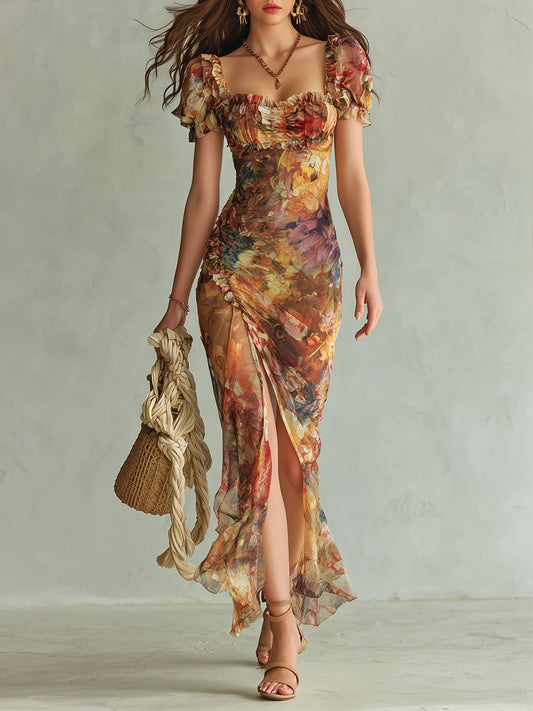 VIOLA ∙ VESTIDO MAXI DE GASA CON ESTAMPADO EFECTO ÓLEO BOHO
