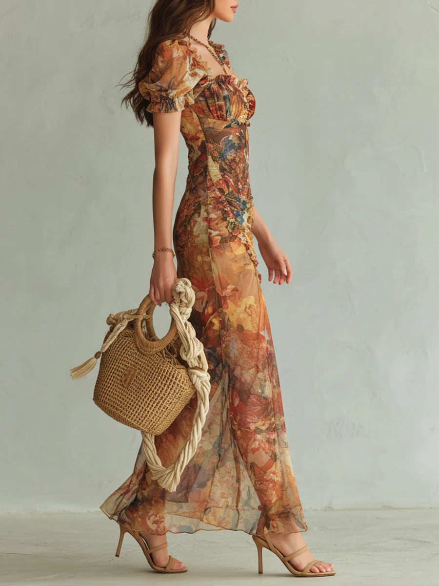 VIOLA ∙ VESTIDO MAXI DE GASA CON ESTAMPADO EFECTO ÓLEO BOHO