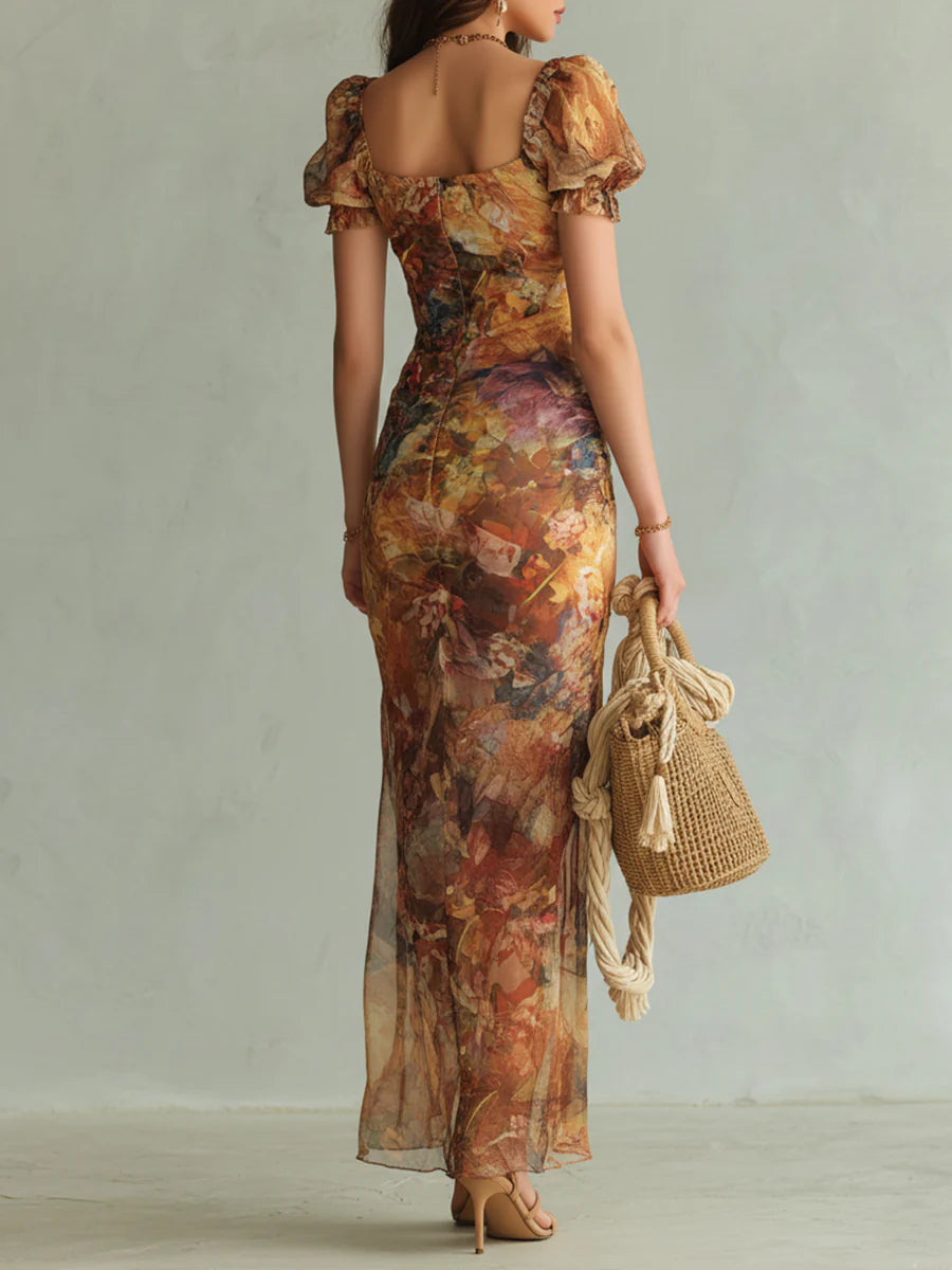 VIOLA ∙ VESTIDO MAXI DE GASA CON ESTAMPADO EFECTO ÓLEO BOHO