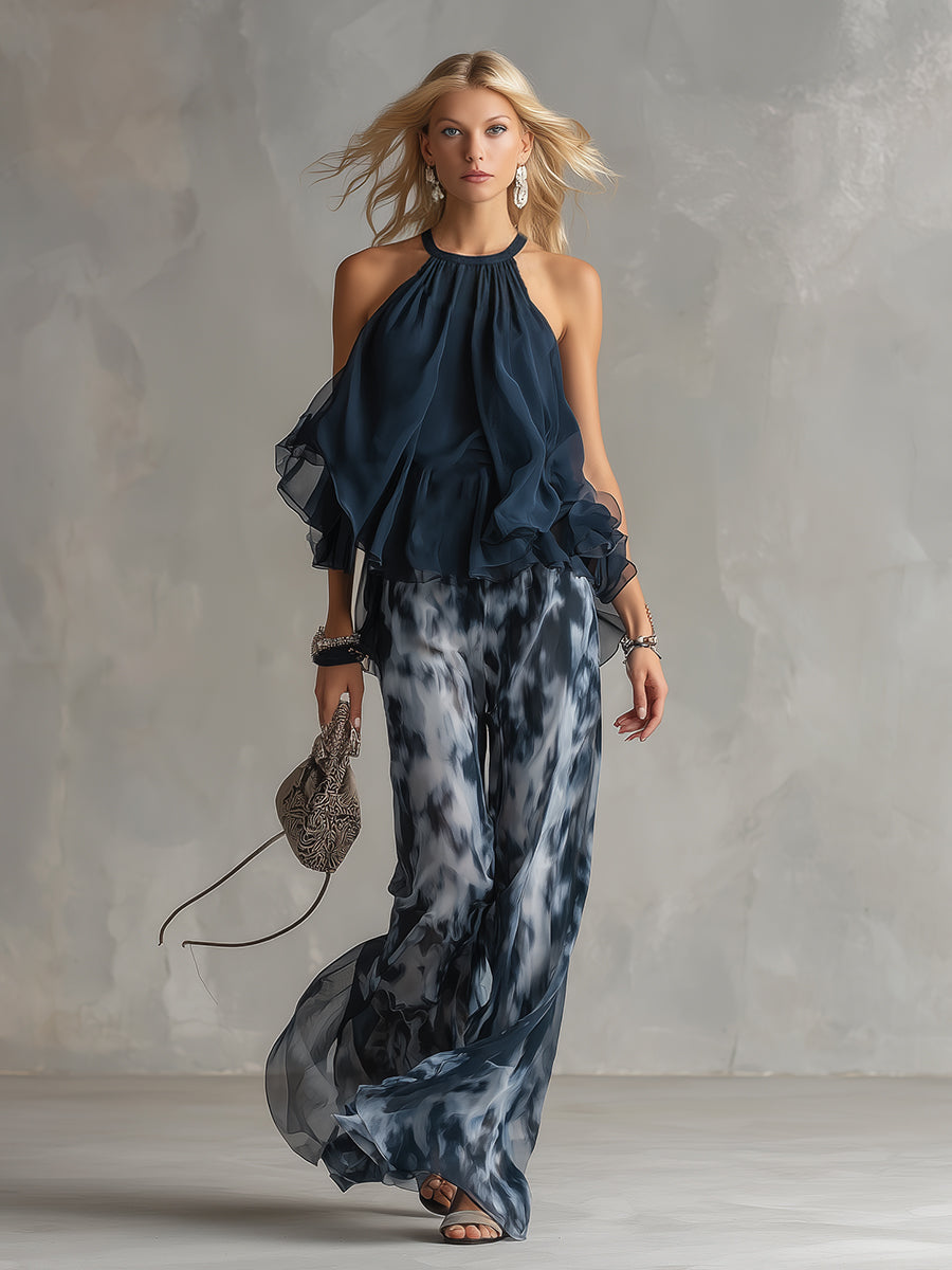 LUDOVICA ∙ CONJUNTO DE GASA CON TOP DE CUELLO ALTO Y PANTALÓN ANCHO ESTAMPADO