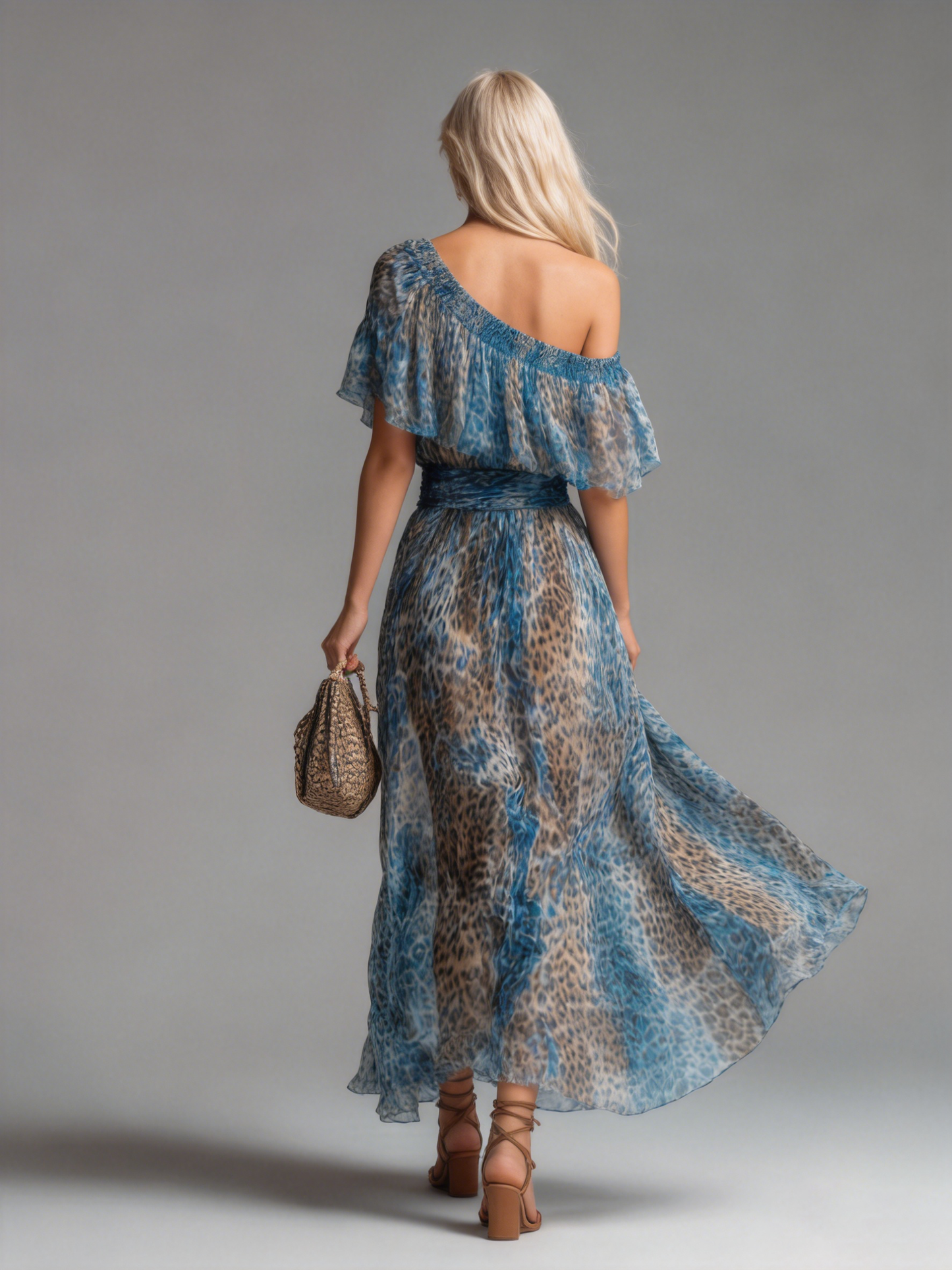 LUNA ∙ VESTIDO MAXI DE GASA CON ESTAMPADO LEOPARDO Y HOMBROS DESCUBIERTOS