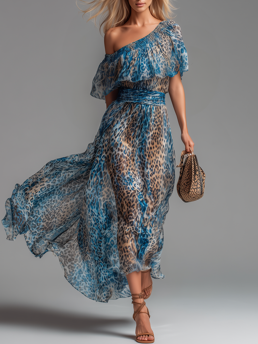 LUNA ∙ VESTIDO MAXI DE GASA CON ESTAMPADO LEOPARDO Y HOMBROS DESCUBIERTOS