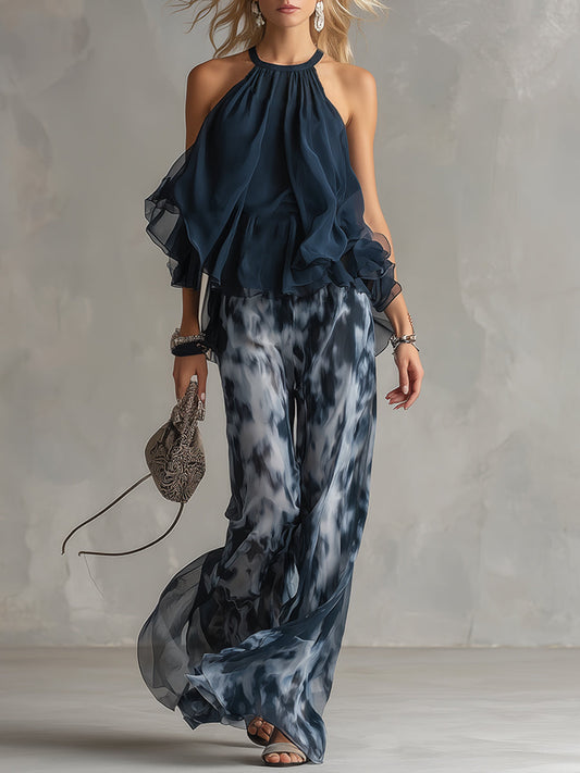 LUDOVICA ∙ CONJUNTO DE GASA CON TOP DE CUELLO ALTO Y PANTALÓN ANCHO ESTAMPADO