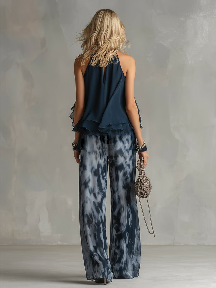 LUDOVICA ∙ CONJUNTO DE GASA CON TOP DE CUELLO ALTO Y PANTALÓN ANCHO ESTAMPADO