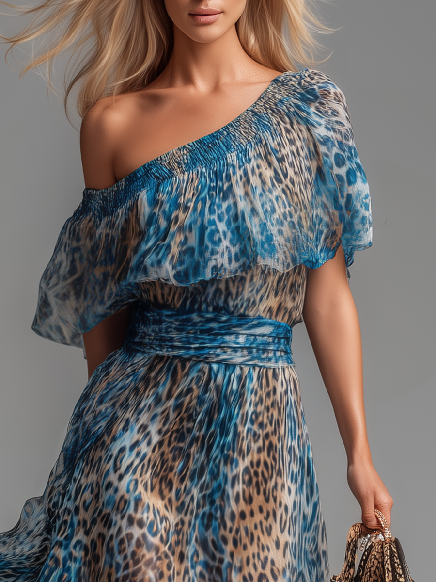 LUNA ∙ VESTIDO MAXI DE GASA CON ESTAMPADO LEOPARDO Y HOMBROS DESCUBIERTOS