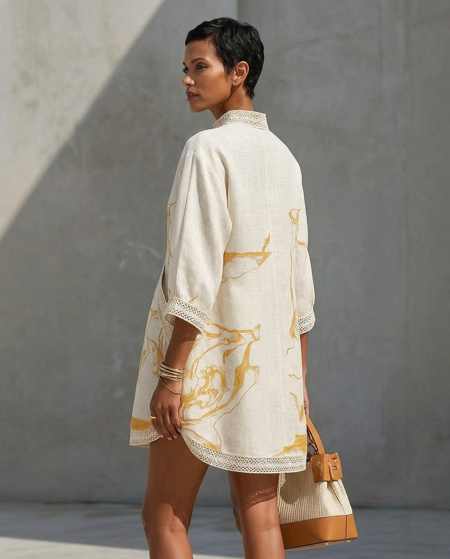 LEONOR | VESTIDO MINI DE ENCAJE CROCHET MARFIL CON DETALLES DORADOS Y ESCOTE EN V