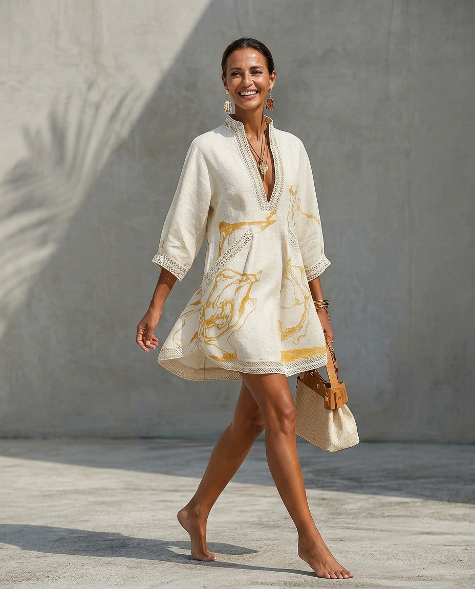 LEONOR | VESTIDO MINI DE ENCAJE CROCHET MARFIL CON DETALLES DORADOS Y ESCOTE EN V
