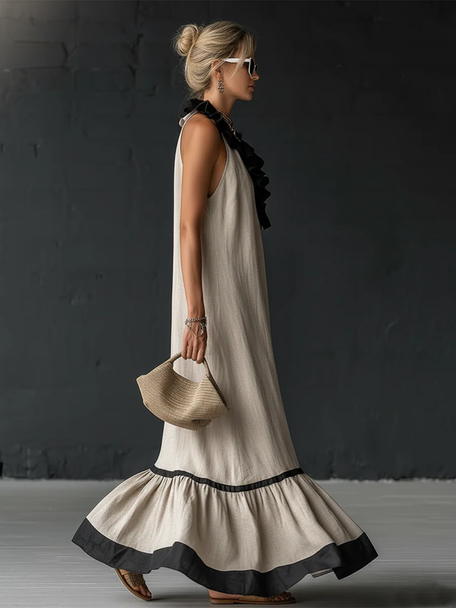 SOFIA ∙ VESTIDO MAXI ELEGANTE CON VOLANTES Y BLOQUES DE COLOR