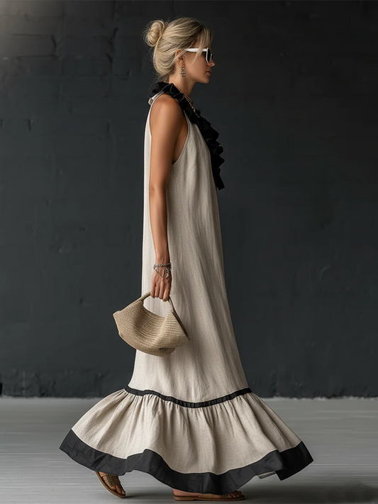 SOFIA ∙ VESTIDO MAXI ELEGANTE CON VOLANTES Y BLOQUES DE COLOR