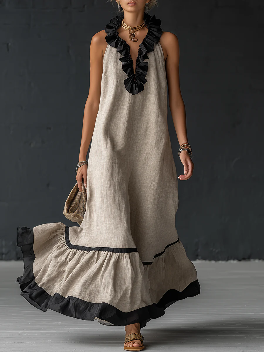 SOFIA ∙ VESTIDO MAXI ELEGANTE CON VOLANTES Y BLOQUES DE COLOR