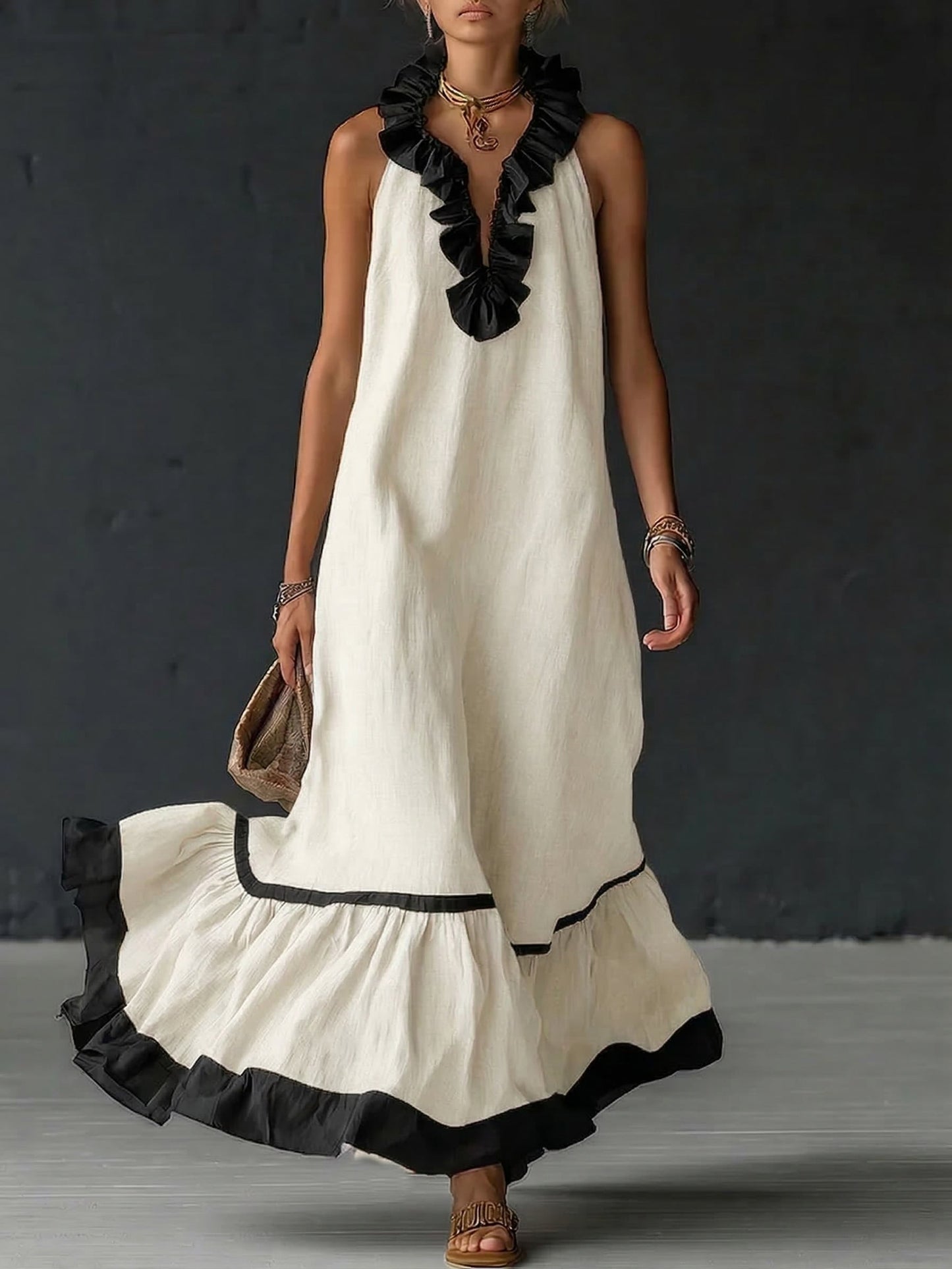 SOFIA ∙ VESTIDO MAXI ELEGANTE CON VOLANTES Y BLOQUES DE COLOR