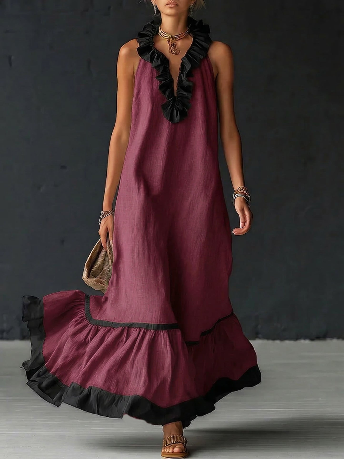 SOFIA ∙ VESTIDO MAXI ELEGANTE CON VOLANTES Y BLOQUES DE COLOR