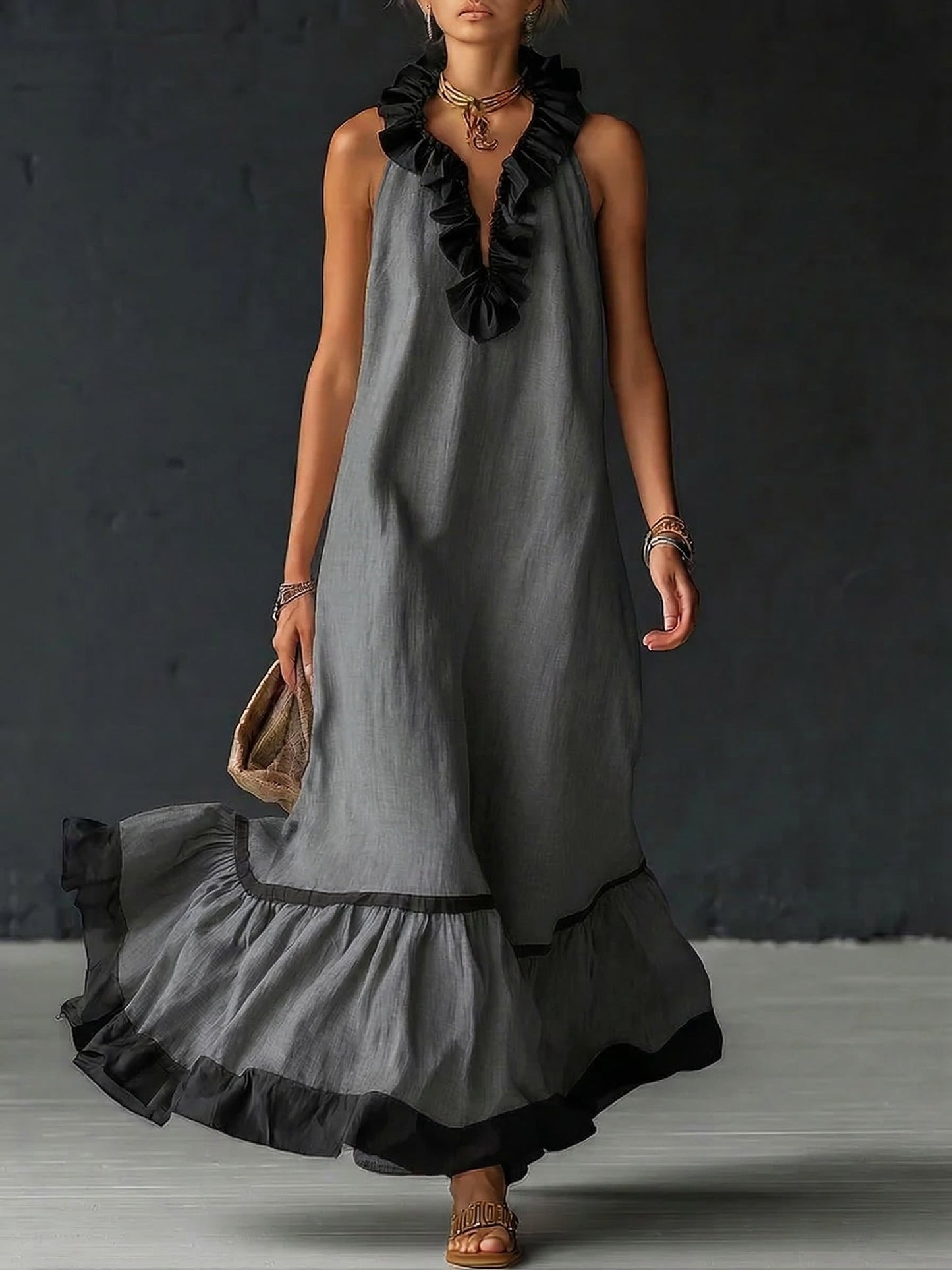 SOFIA ∙ VESTIDO MAXI ELEGANTE CON VOLANTES Y BLOQUES DE COLOR