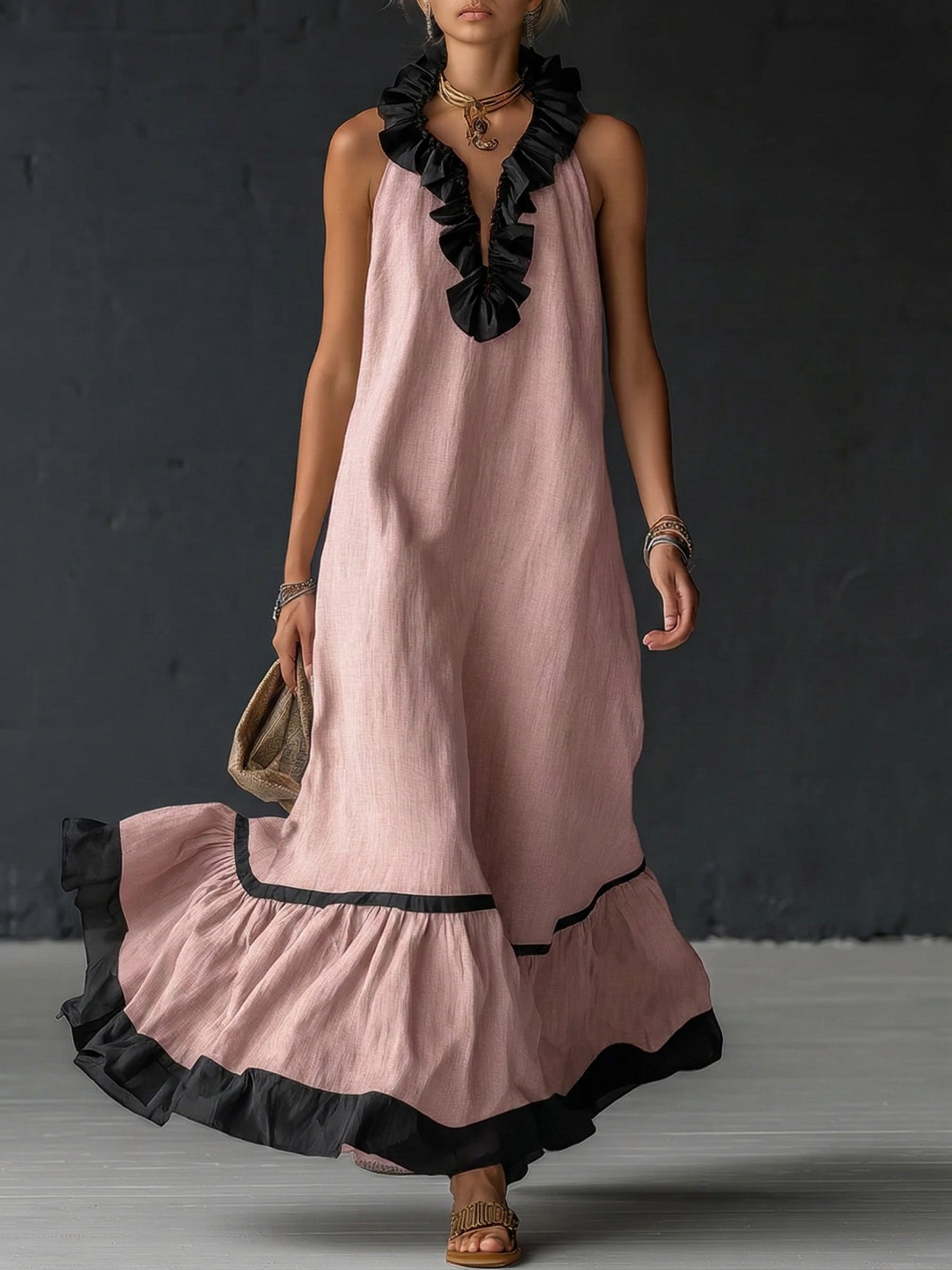 SOFIA ∙ VESTIDO MAXI ELEGANTE CON VOLANTES Y BLOQUES DE COLOR