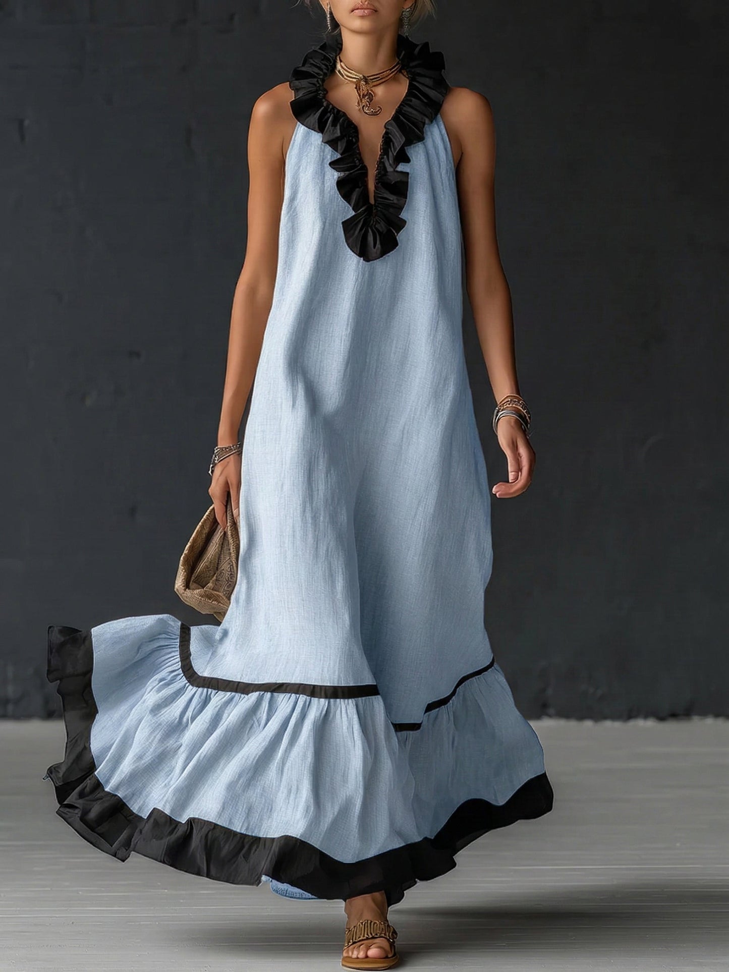 SOFIA ∙ VESTIDO MAXI ELEGANTE CON VOLANTES Y BLOQUES DE COLOR