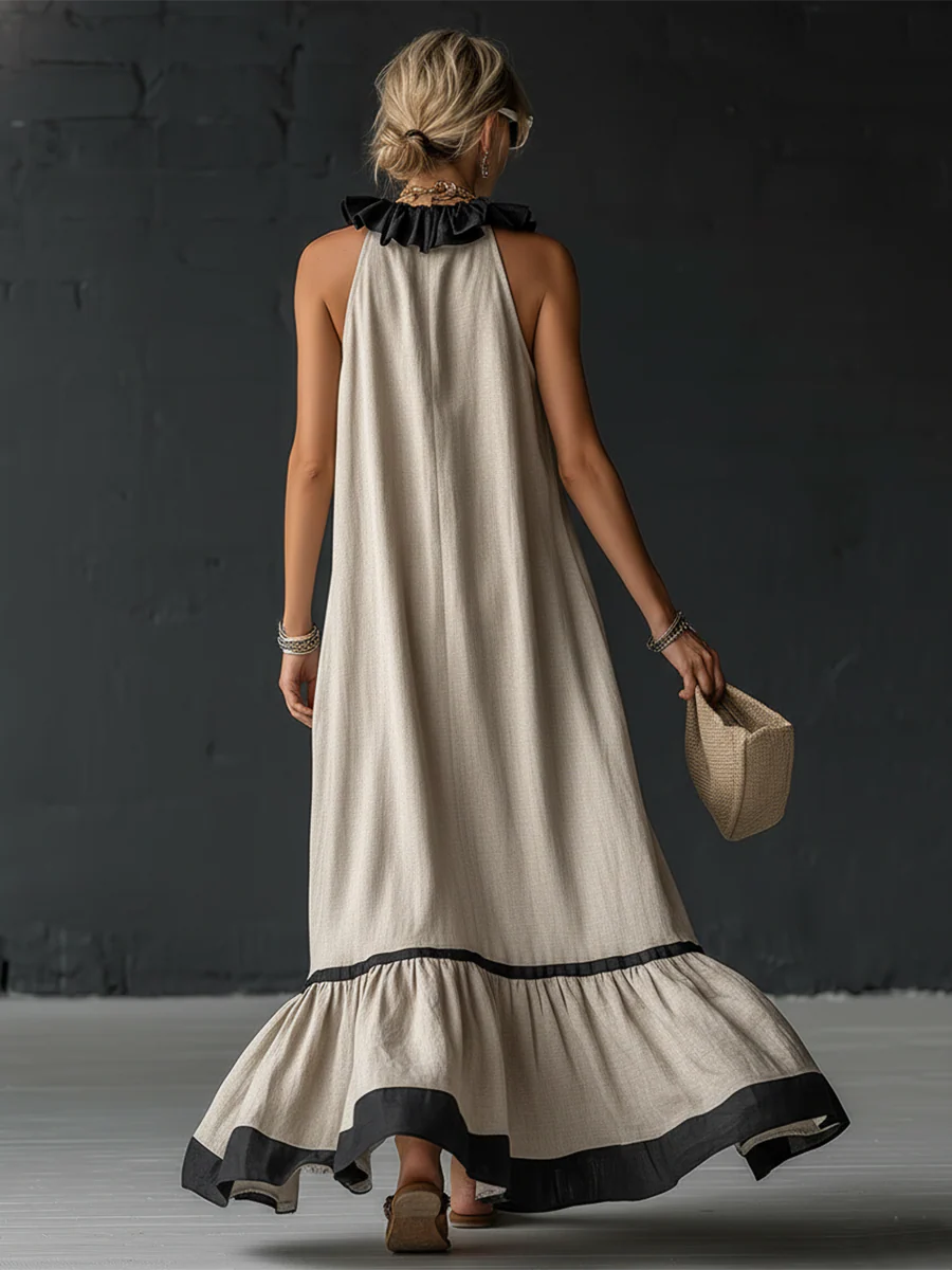 SOFIA ∙ VESTIDO MAXI ELEGANTE CON VOLANTES Y BLOQUES DE COLOR